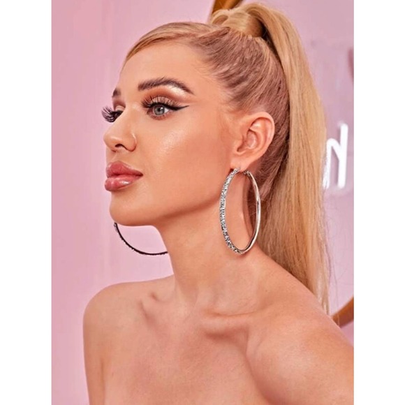 Large Rhinestone Earrings, Oversized Hoops, Silver - Picture 3 of 5